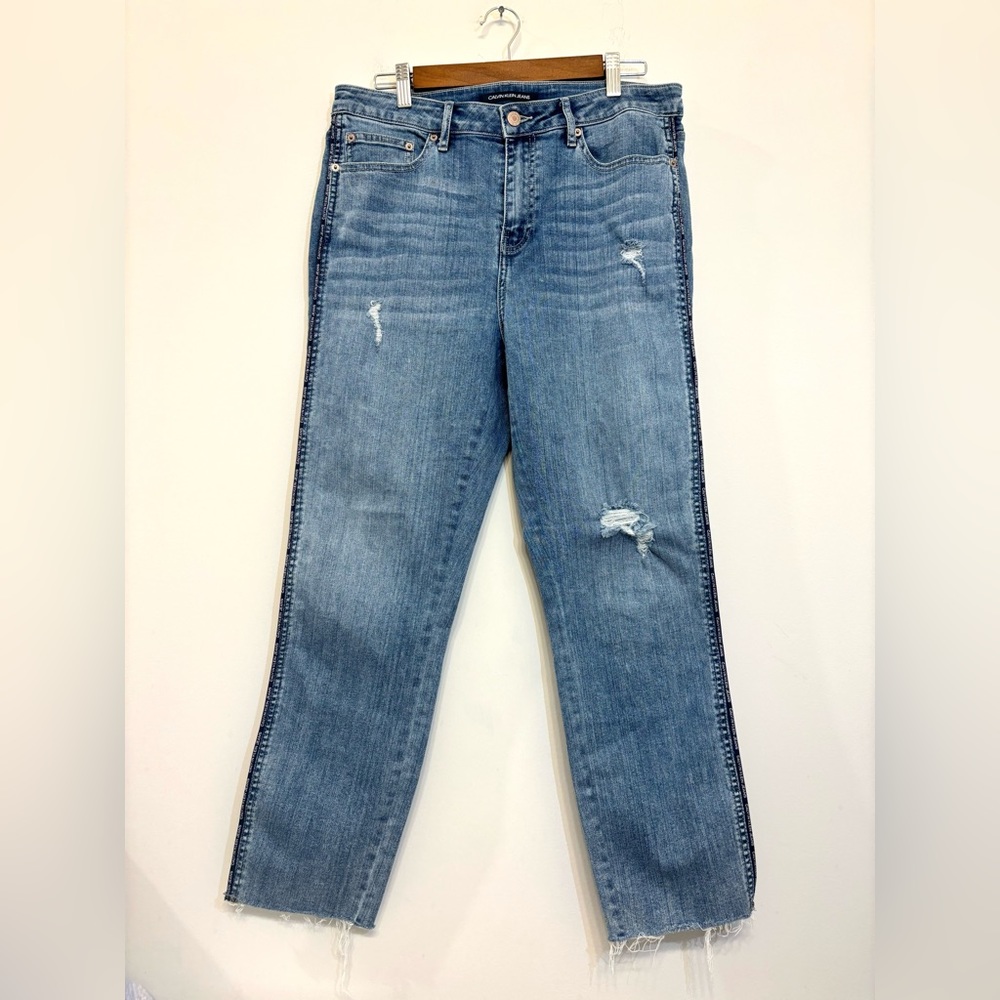 Calvin Klein Tuxedo Logo stripe Jeans High Rise Slim Distressed Women’s size 32